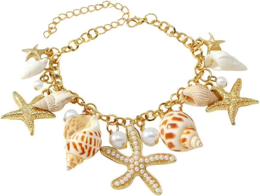 OIDIMS Natural Shell Starfish Bracelets for Women Boho Pearl Beaded Bracelets Seashell Bracelets Charm Ankle Bracelets Summer Beach Bohemian Bracelets Adjustable Jewelry Accessories Holiday Gift