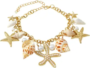 OIDIMS Natural Shell Starfish Bracelets for Women Boho Pearl Beaded Bracelets Seashell Bracelets Charm Ankle Bracelets Summer Beach Bohemian Bracelets Adjustable Jewelry Accessories Holiday Gift