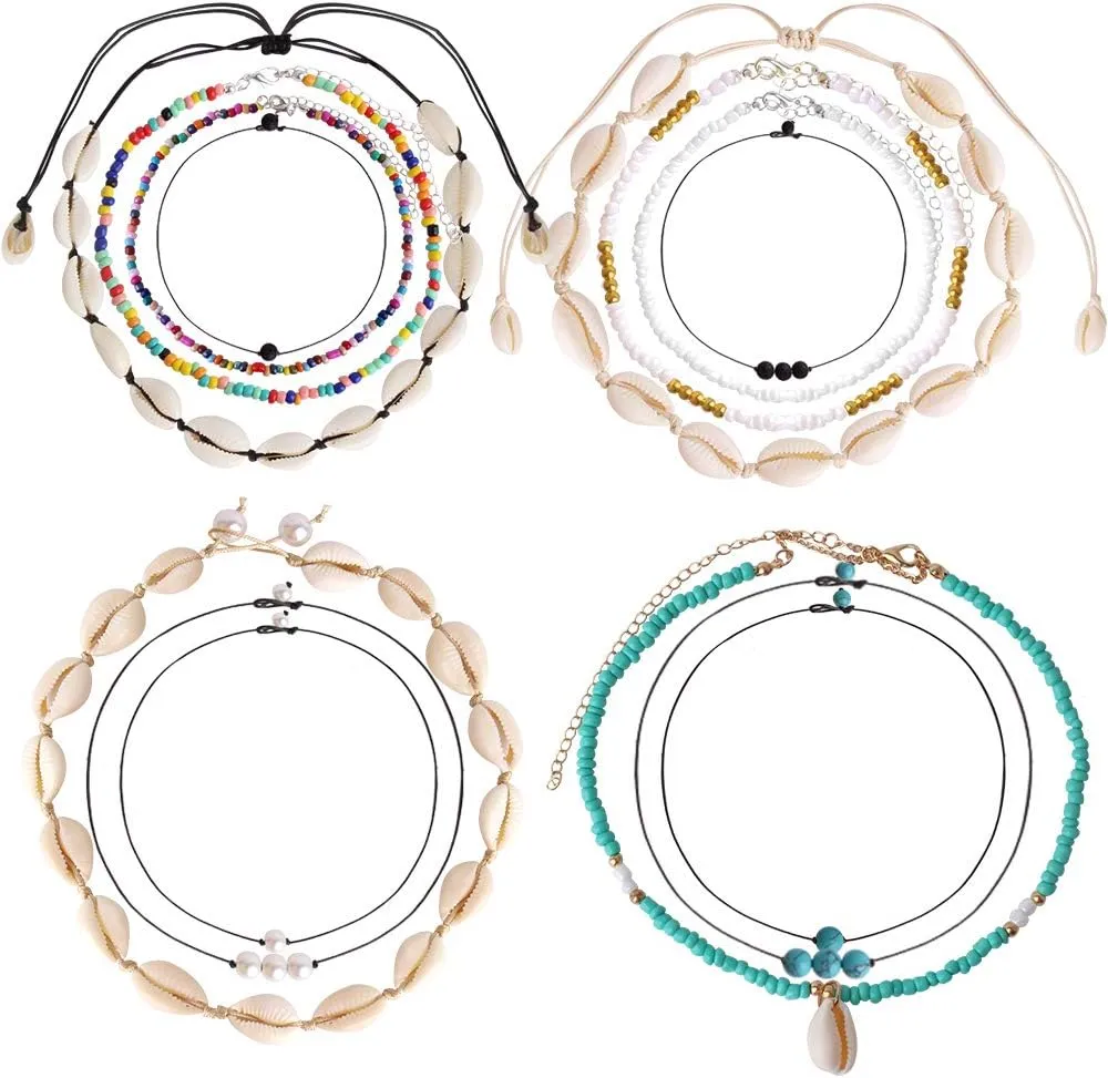 ONESING 14 Pcs Shell Choker Set - Puka Shell Beach Pearl Bohemian Beaded Choker Necklace - Handmade Hawaii Jewelry - Adjustable for Women