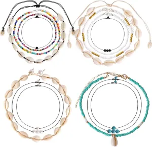 ONESING 14 Pcs Shell Choker Set - Puka Shell Beach Pearl Bohemian Beaded Choker Necklace - Handmade Hawaii Jewelry - Adjustable for Women