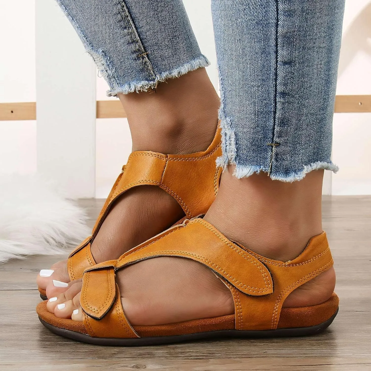 Open Toe Summer Sandals for Women, Wide Width Non Slip Shoes, Comfortable Flat Sandals, Casual Bohemian Beach Sandals, Soft Cushion Walking Shoes, Lightweight Breathable Athletic Footwear