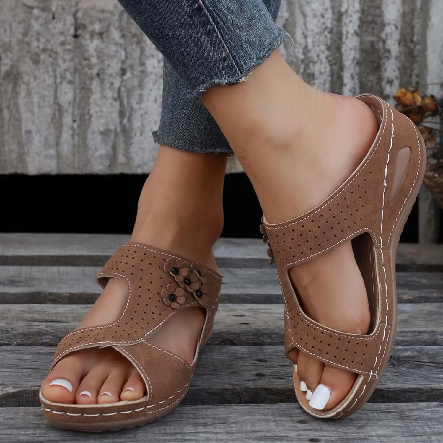 Orthopedic Sandals for Women Arch Support Sandals Women's Summer Hollow Out Flower Breathable Shoes, Platform Walking Sandal Fashion Cross Strap Open Toe Slippers