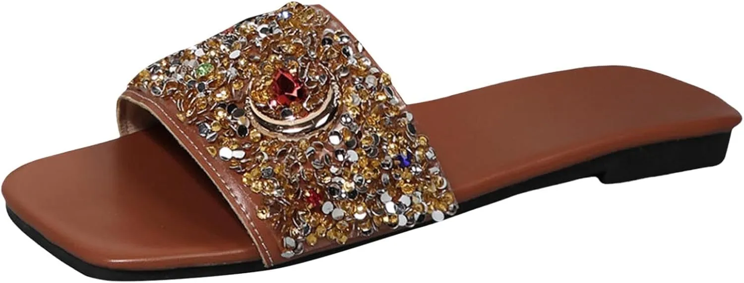 Orthopedic Sandals for Women Bright Diamond Decoration Open Toe Flat Sandals Women Comfortable Beach Sandals for Women