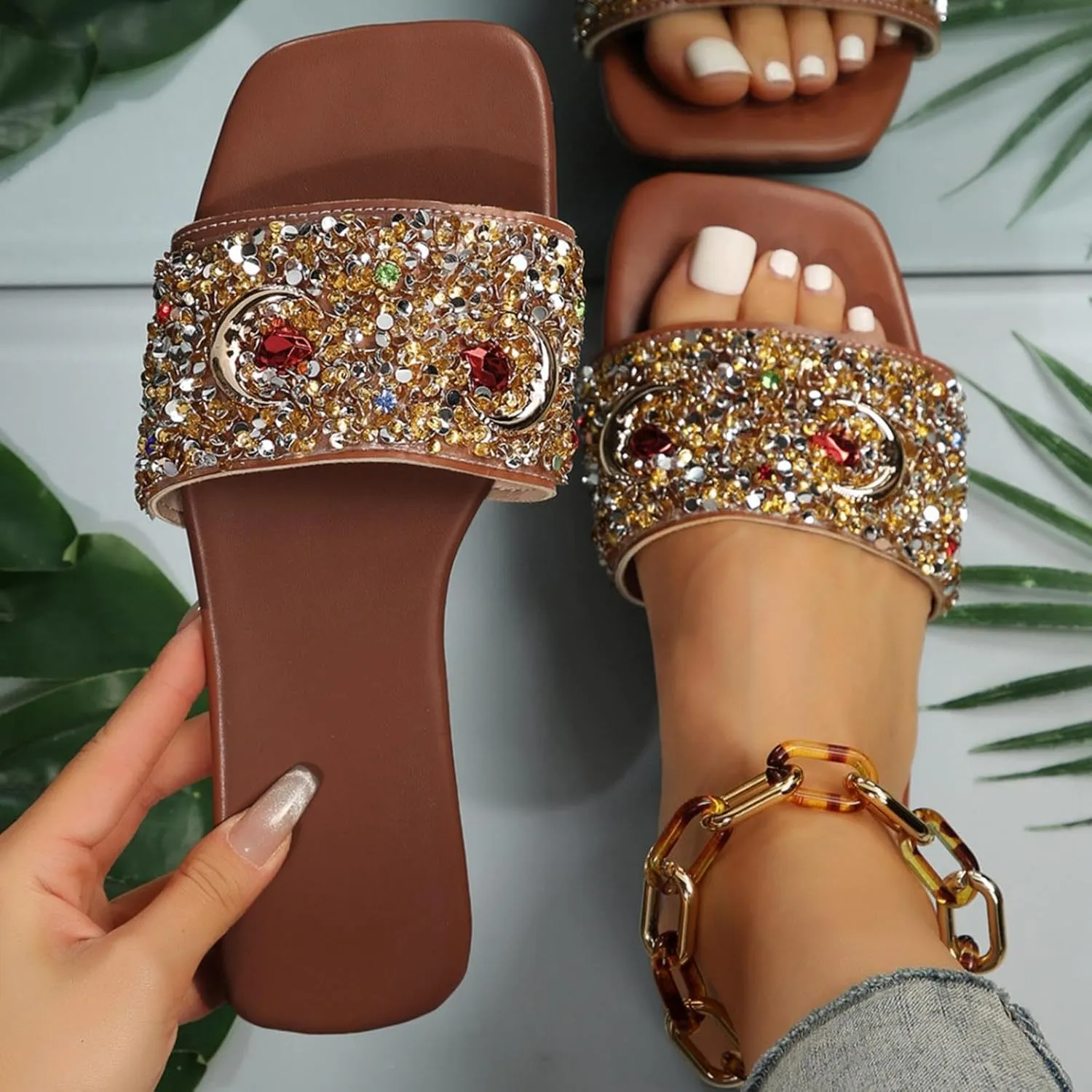 Orthopedic Sandals for Women Bright Diamond Decoration Open Toe Flat Sandals Women Comfortable Beach Sandals for Women