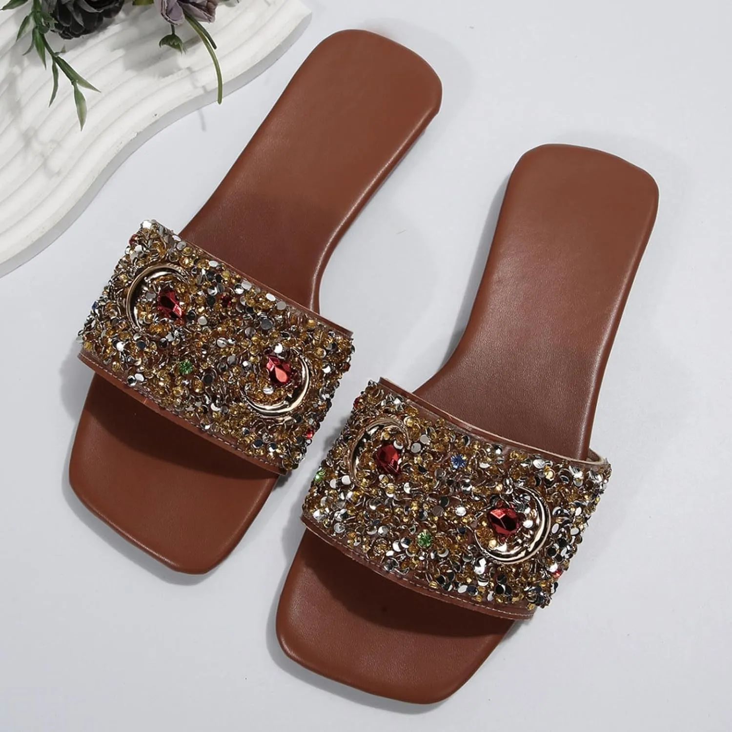 Orthopedic Sandals for Women Bright Diamond Decoration Open Toe Flat Sandals Women Comfortable Beach Sandals for Women