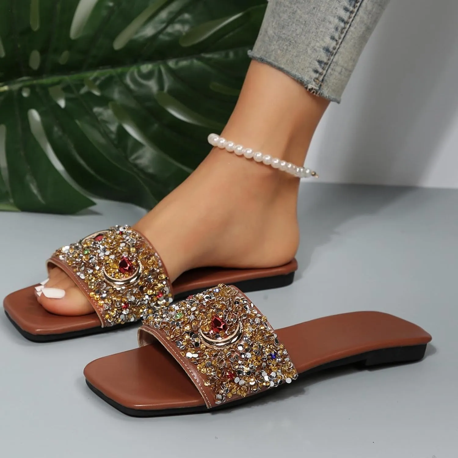 Orthopedic Sandals for Women Bright Diamond Decoration Open Toe Flat Sandals Women Comfortable Beach Sandals for Women