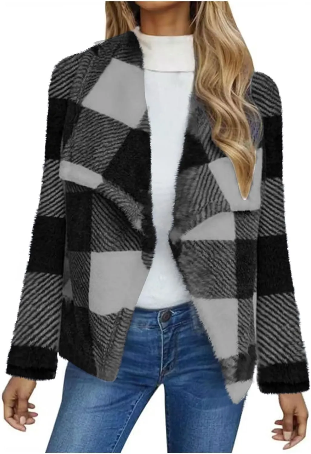 Pea Coats for Women Oversized Fleece Plaid Cardigan Long Sleeve Thermal Winter Jackets Casual Fit Outerwear