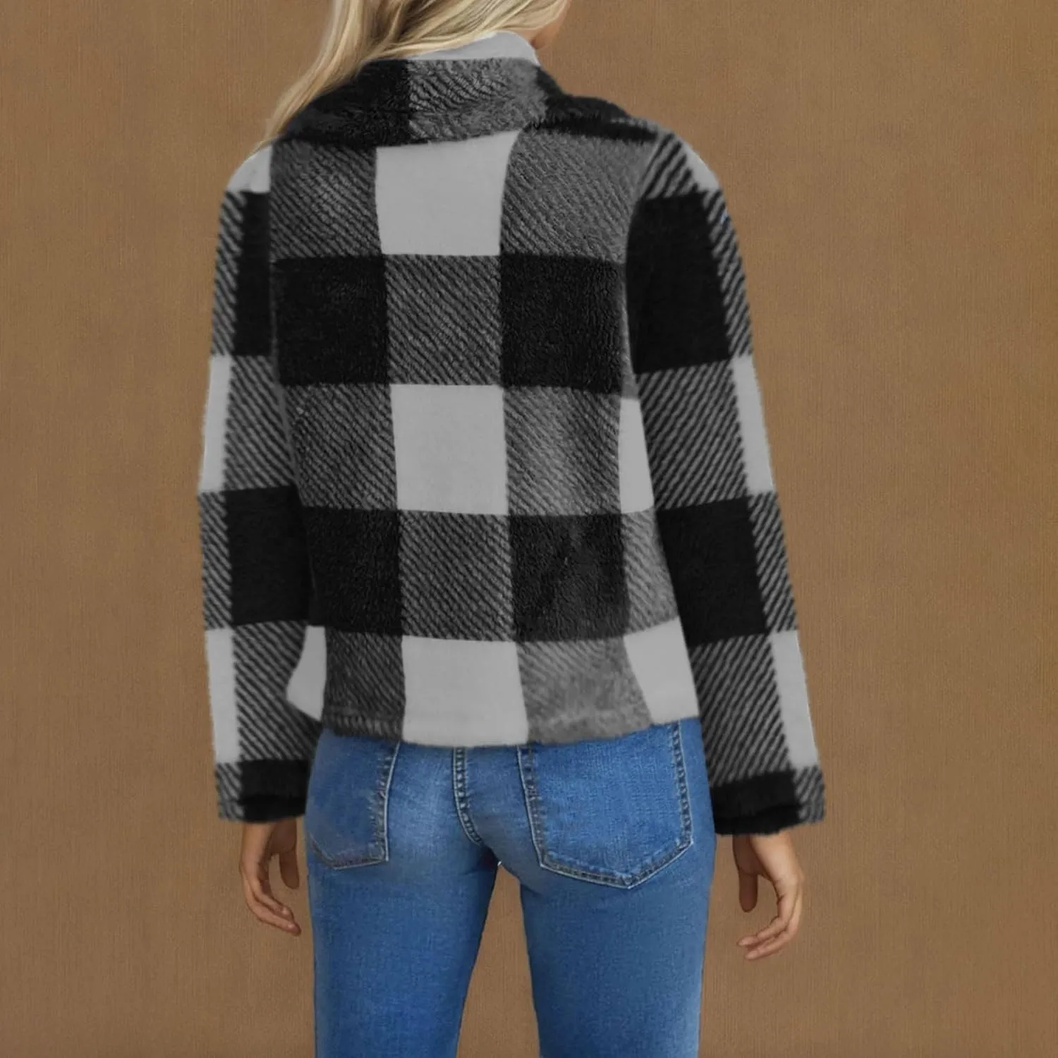 Pea Coats for Women Oversized Fleece Plaid Cardigan Long Sleeve Thermal Winter Jackets Casual Fit Outerwear