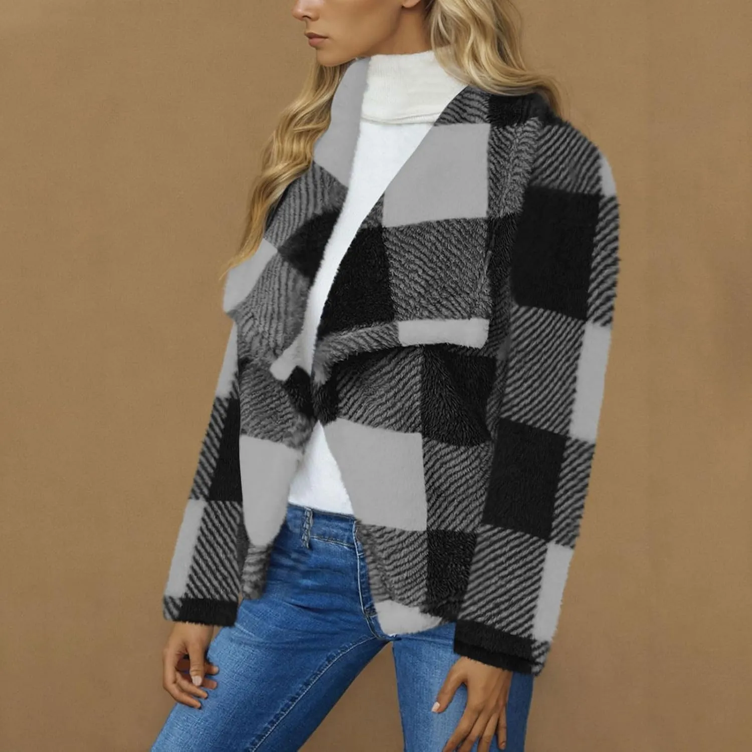 Pea Coats for Women Oversized Fleece Plaid Cardigan Long Sleeve Thermal Winter Jackets Casual Fit Outerwear