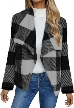 Pea Coats for Women Oversized Fleece Plaid Cardigan Long Sleeve Thermal Winter Jackets Casual Fit Outerwear