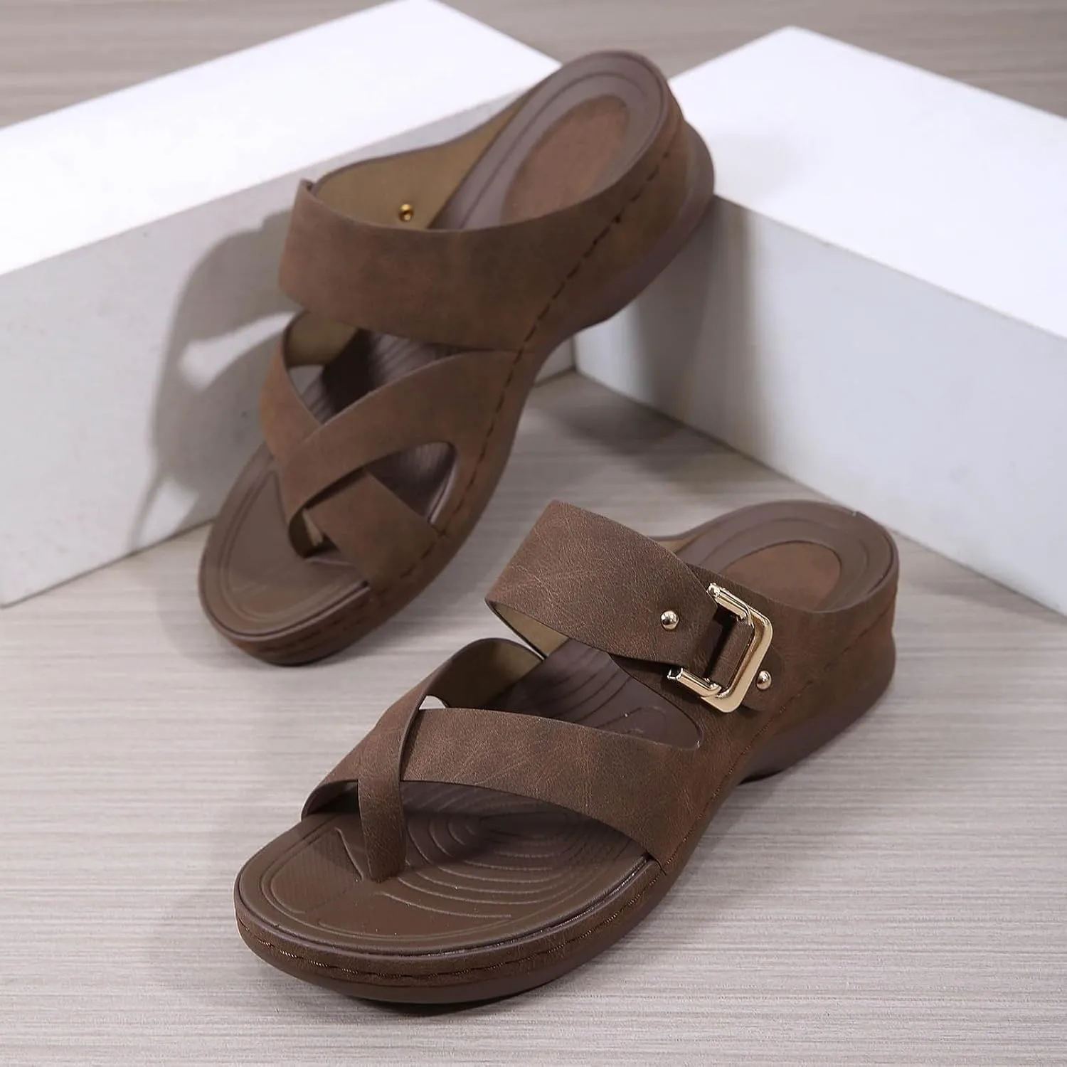 peqiut Sandals Women Clip Toe Cross Strap Comfortable Womens Sandals Flats Beach Summer Dressy Orthopedic Platform Sandals