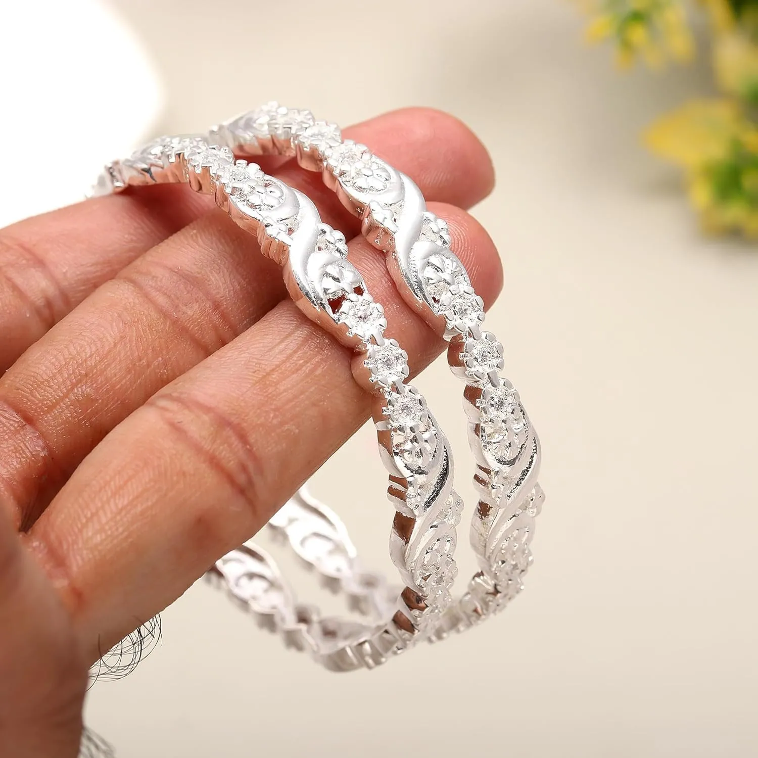 Personalized Engraved Stylish Leaf Design Rose Gold & White Plated Anniversary, Engagement, and Promise Bangles Set  Elegant Custom Jewelry for Girls and Women