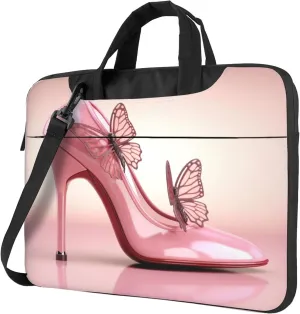 Pink High Heels Laptop Shoulder Bag for Women, Butterfly Shoes Laptop Sleeve Case Durable Computer Bag