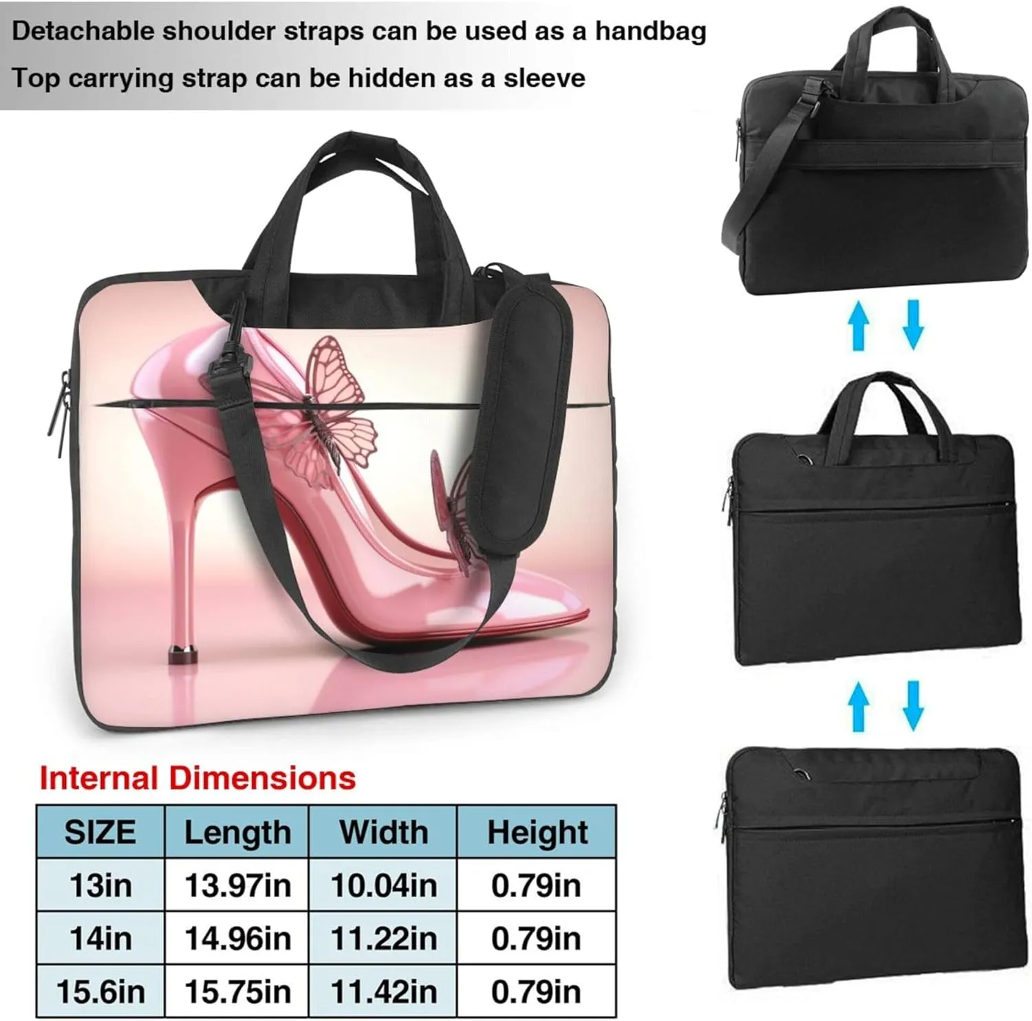 Pink High Heels Laptop Shoulder Bag for Women, Butterfly Shoes Laptop Sleeve Case Durable Computer Bag