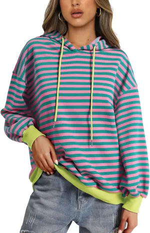 PINKMSTYLE Womens Oversized Hoodies Pullover Striped Sweatshirts Fall Long Sleeve Tops Trendy Outfits