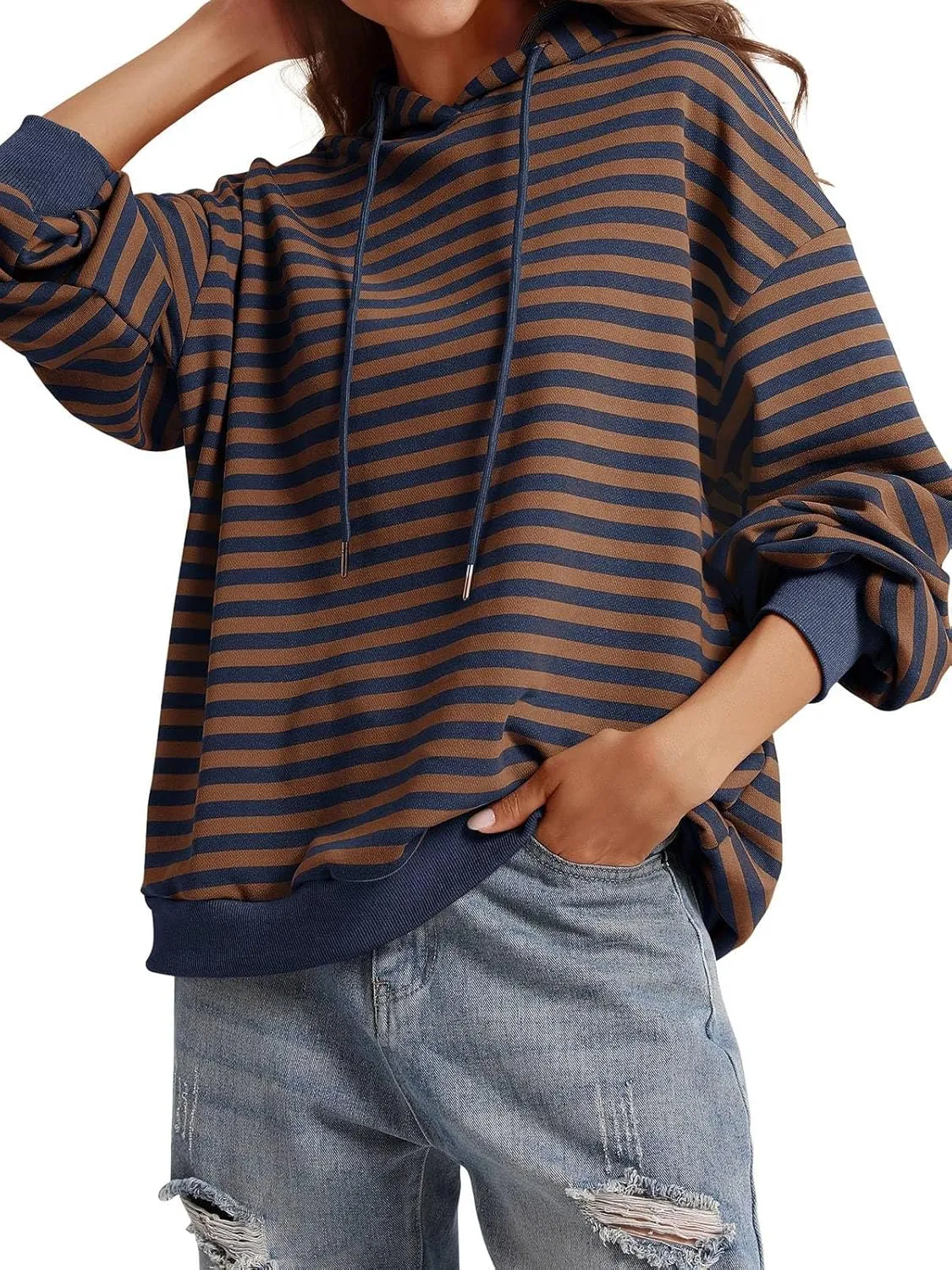 PINKMSTYLE Womens Oversized Hoodies Pullover Striped Sweatshirts Fall Long Sleeve Tops Trendy Outfits