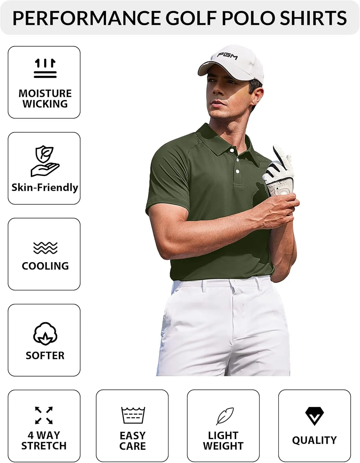PINSPARK Mens Golf Polo Shirts Performance Quick-Dry Moisture-Wicking Collared Shirts Short Sleeve Buttons Casual Polo Shirts