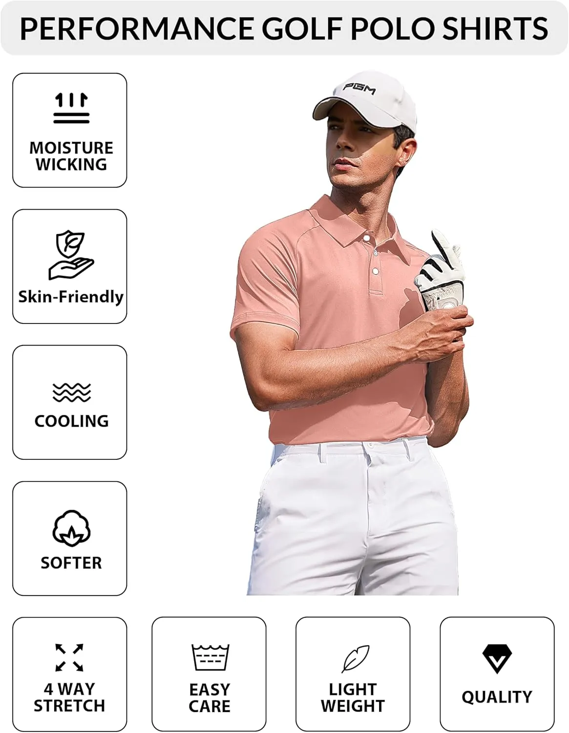 PINSPARK Mens Golf Polo Shirts Performance Quick-Dry Moisture-Wicking Collared Shirts Short Sleeve Buttons Casual Polo Shirts