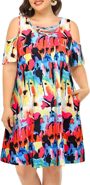 Pinup Fashion Women's Plus Size Sun Dress Cold Shoulder Casual T-Shirt Knee Length Sundresses with Pockets
