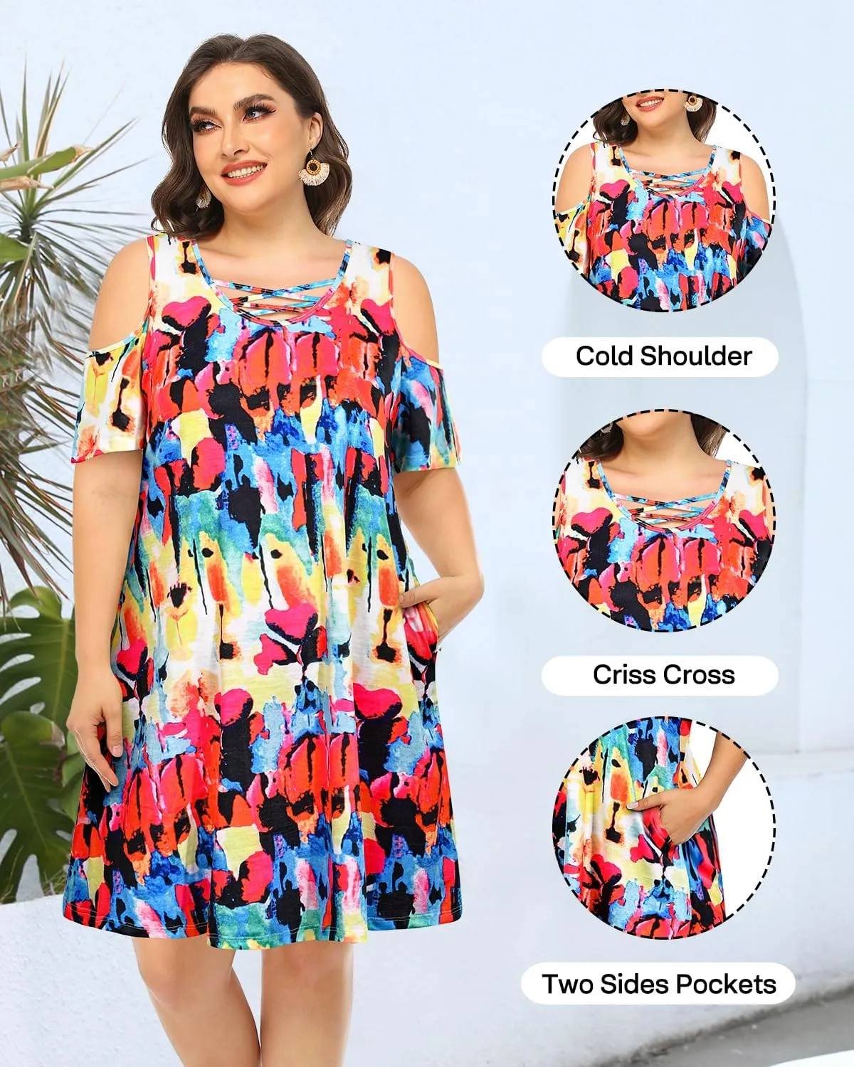 Pinup Fashion Women's Plus Size Sun Dress Cold Shoulder Casual T-Shirt Knee Length Sundresses with Pockets