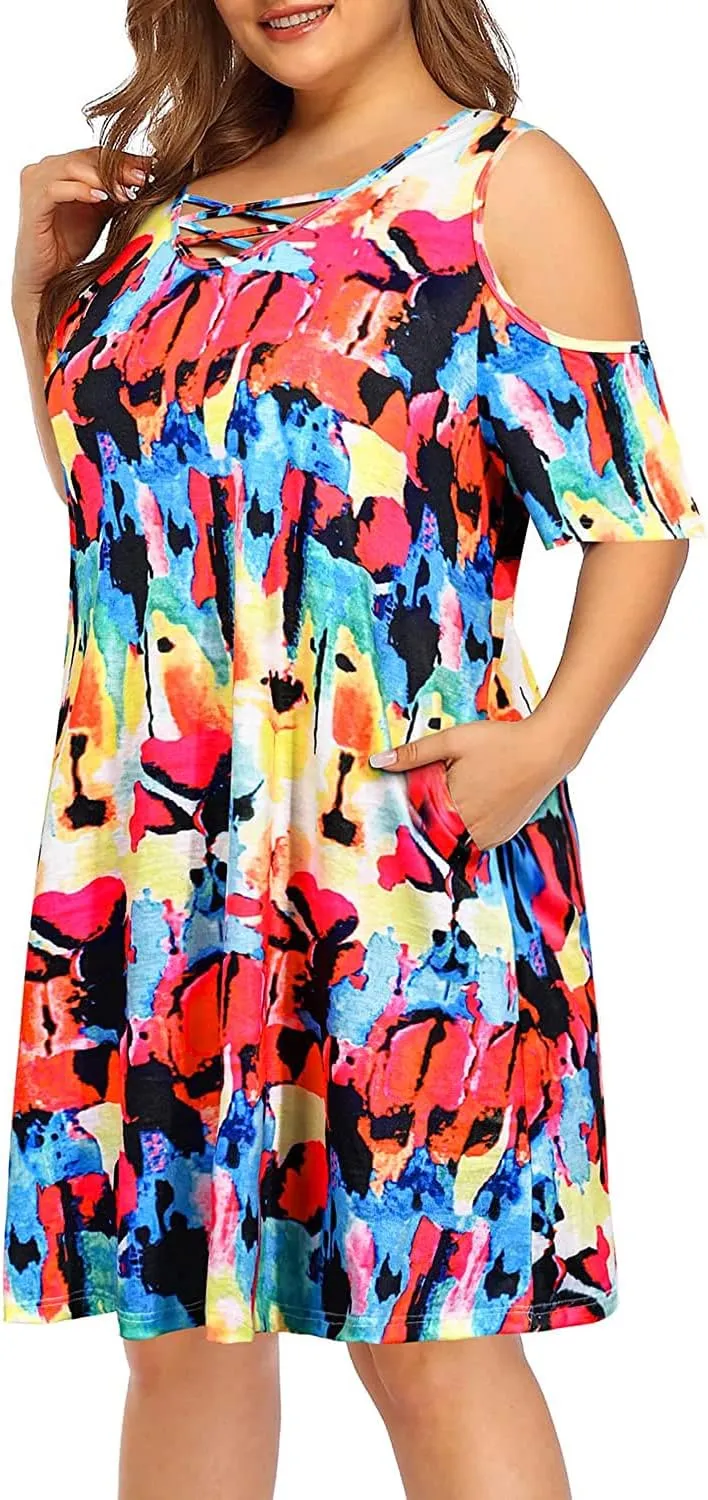 Pinup Fashion Women's Plus Size Sun Dress Cold Shoulder Casual T-Shirt Knee Length Sundresses with Pockets