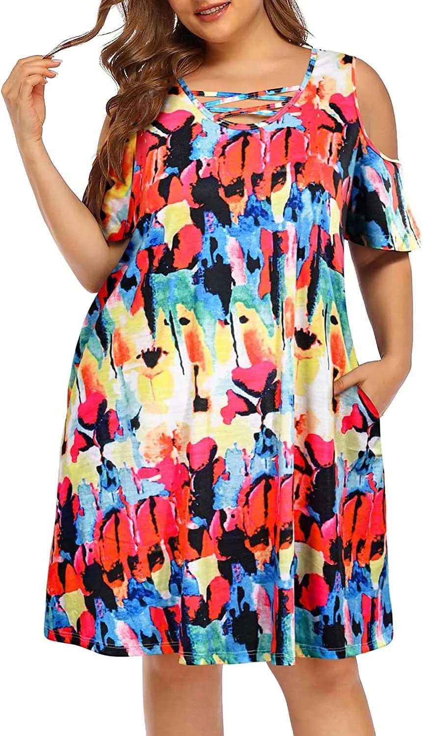 Pinup Fashion Women's Plus Size Sun Dress Cold Shoulder Casual T-Shirt Knee Length Sundresses with Pockets