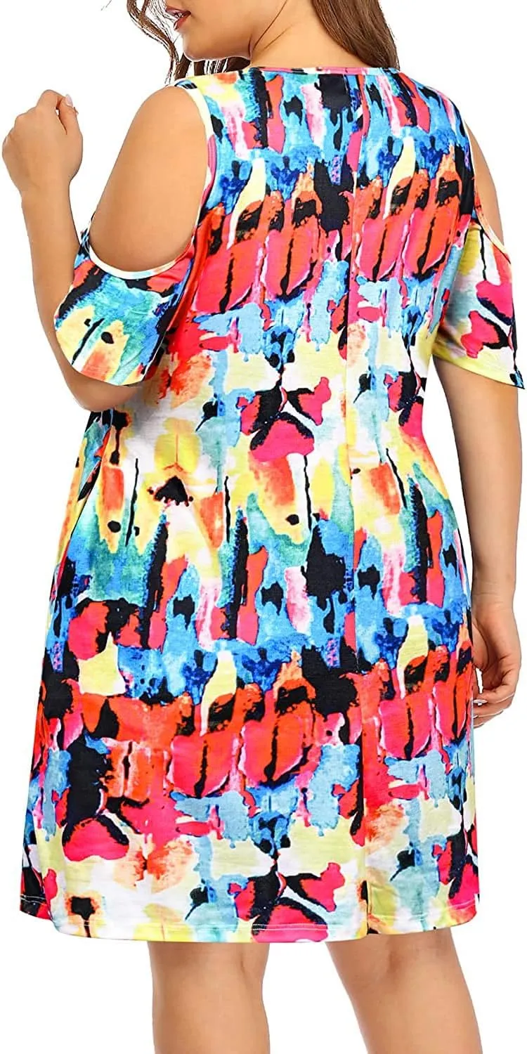 Pinup Fashion Women's Plus Size Sun Dress Cold Shoulder Casual T-Shirt Knee Length Sundresses with Pockets