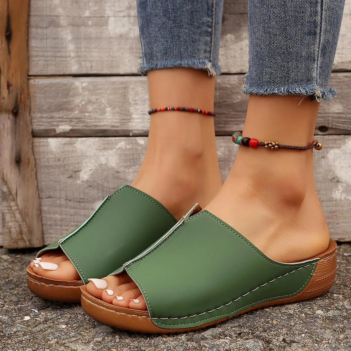 Platform Sandals Women Arch Support Flat Slip on Sandals Lightweight Wide Width Leather Platform Wedge Shoes