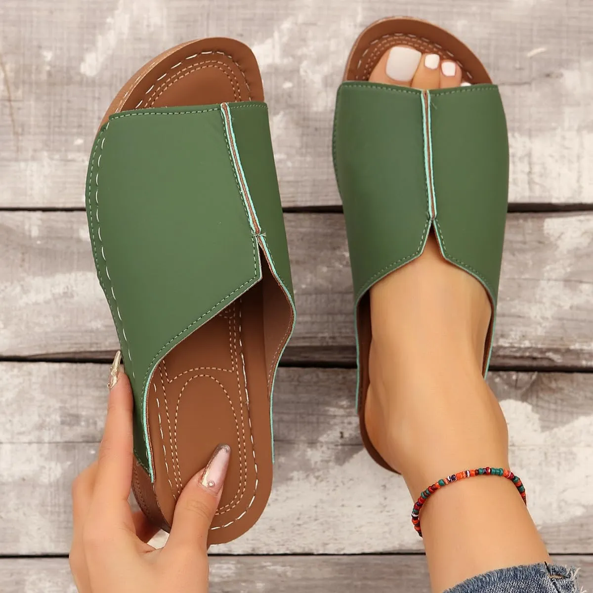Platform Sandals Women Arch Support Flat Slip on Sandals Lightweight Wide Width Leather Platform Wedge Shoes