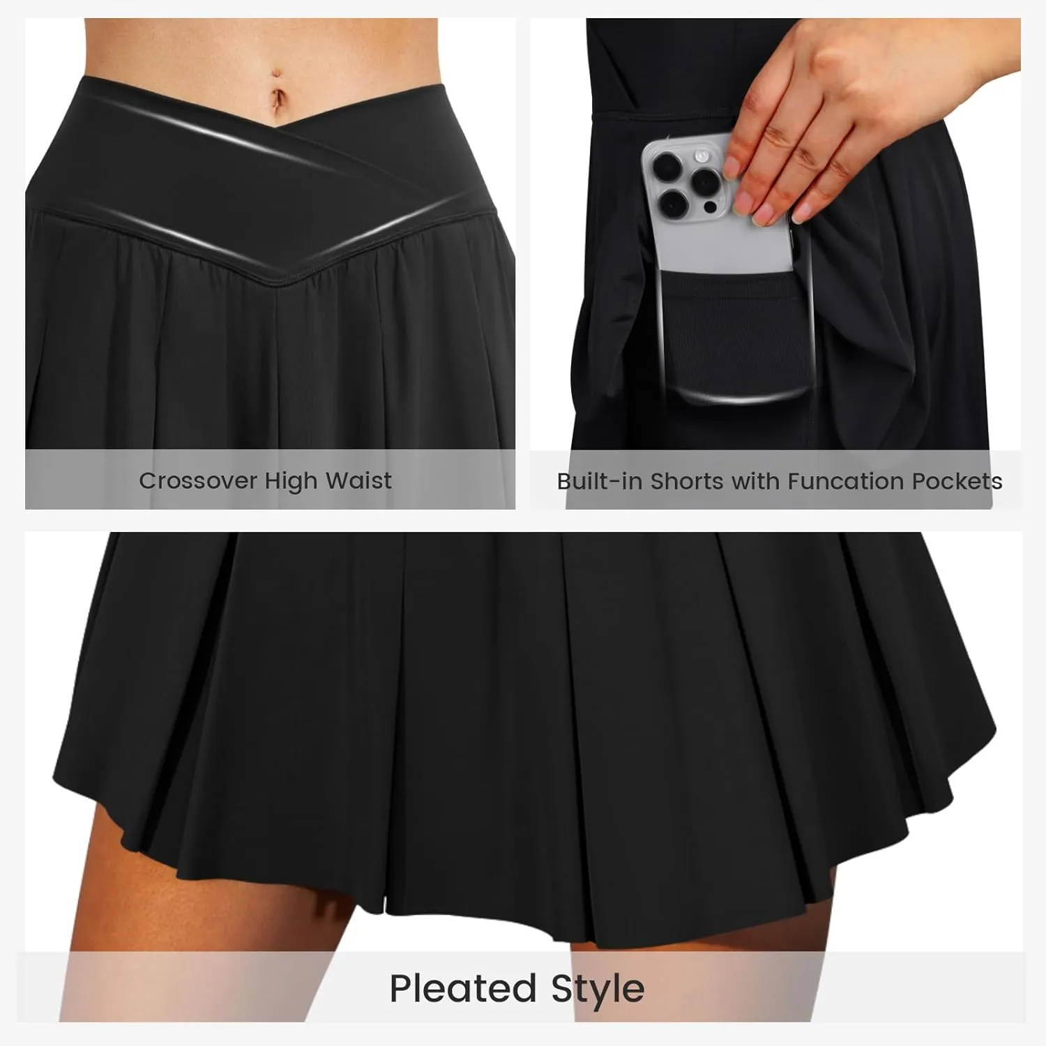Pleated Tennis Skirts for Women Crossover High Waisted Skirts Golf Athletic Skorts with Shorts Pockets