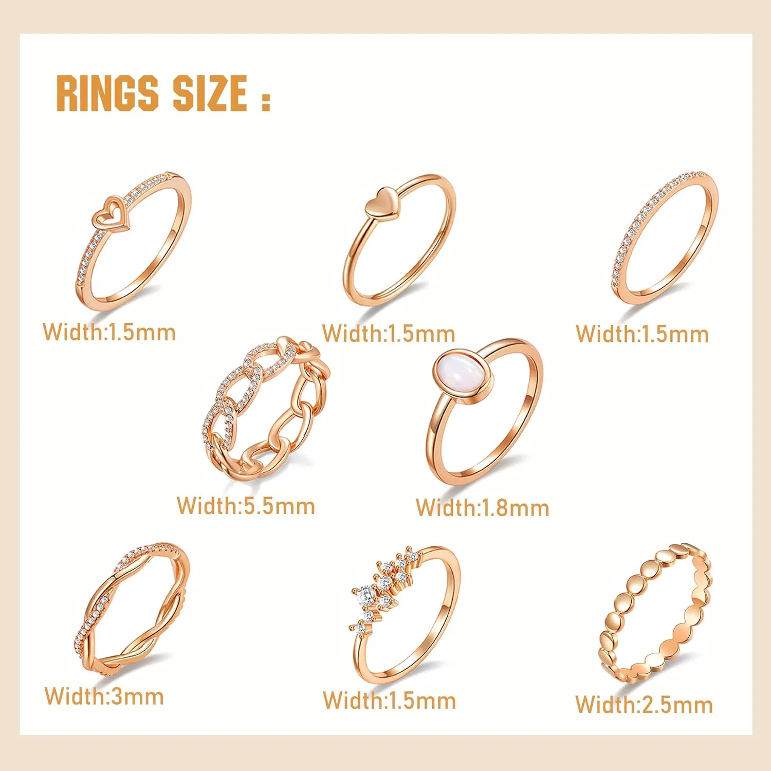 PLOMFOV 14K Gold/Silver Plate Stacking Rings Set for Women CZ Heart Simple Cute Stackable Rings Dainty Trendy Gold Statement Rings Plain Band Size 4-11