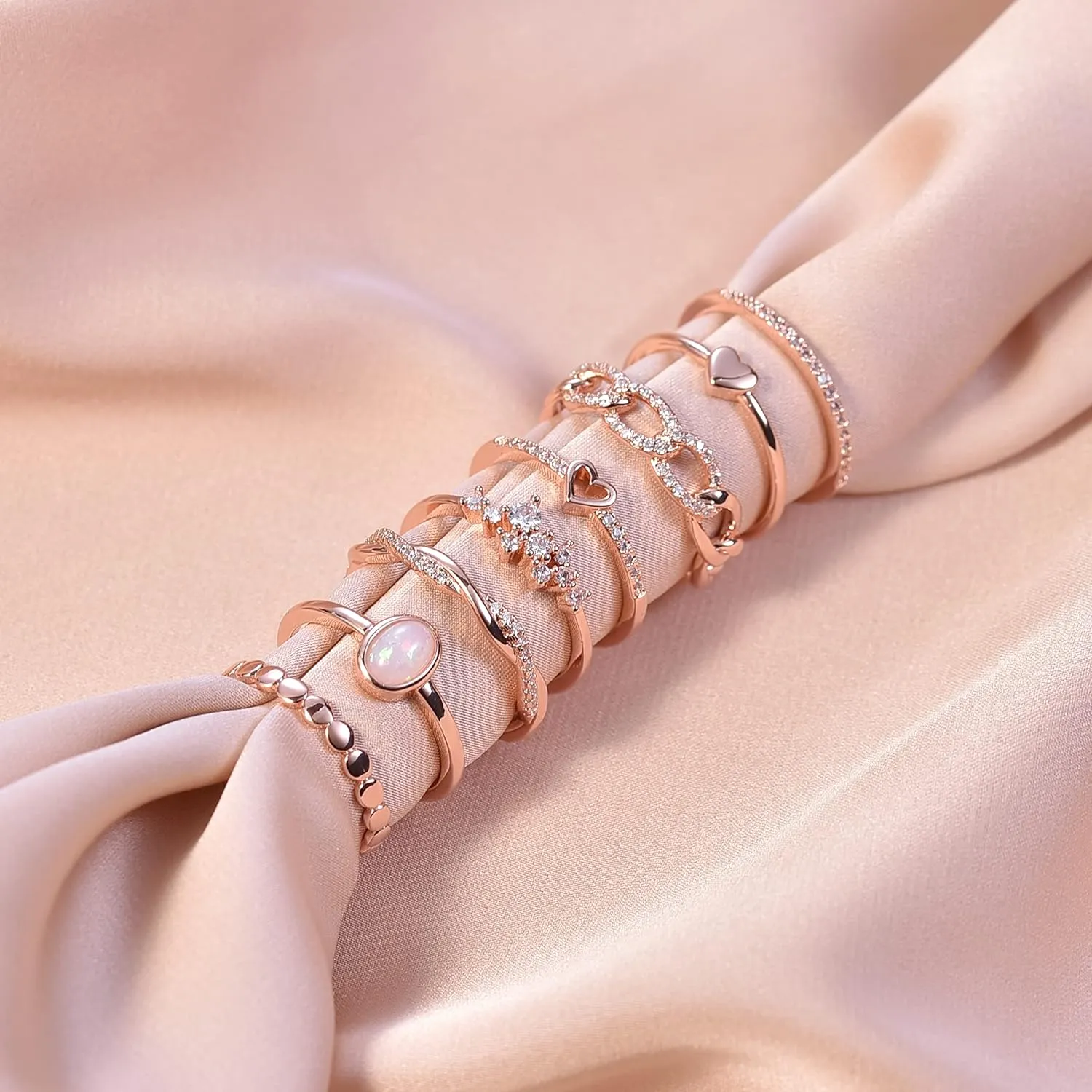 PLOMFOV 14K Gold/Silver Plate Stacking Rings Set for Women CZ Heart Simple Cute Stackable Rings Dainty Trendy Gold Statement Rings Plain Band Size 4-11