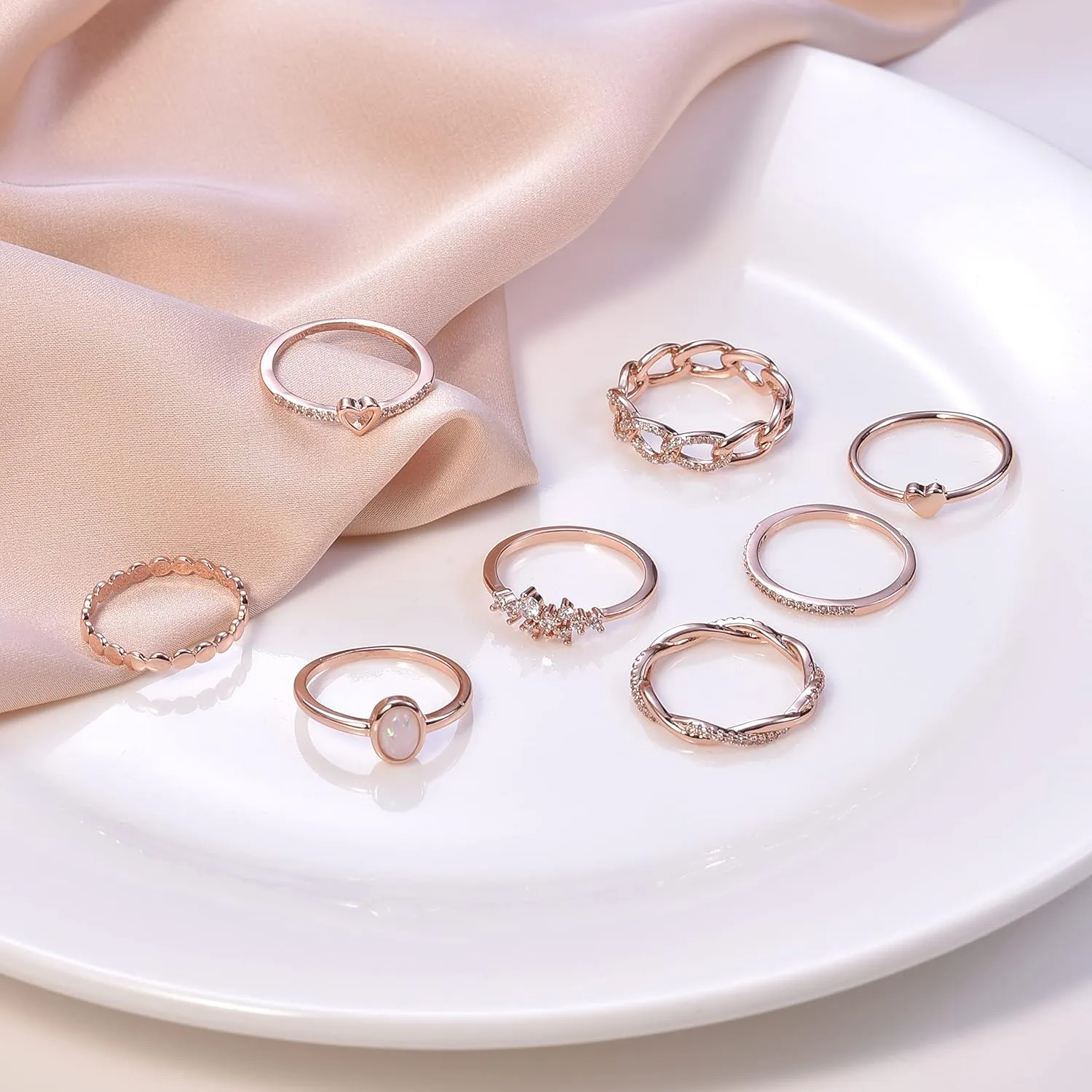 PLOMFOV 14K Gold/Silver Plate Stacking Rings Set for Women CZ Heart Simple Cute Stackable Rings Dainty Trendy Gold Statement Rings Plain Band Size 4-11