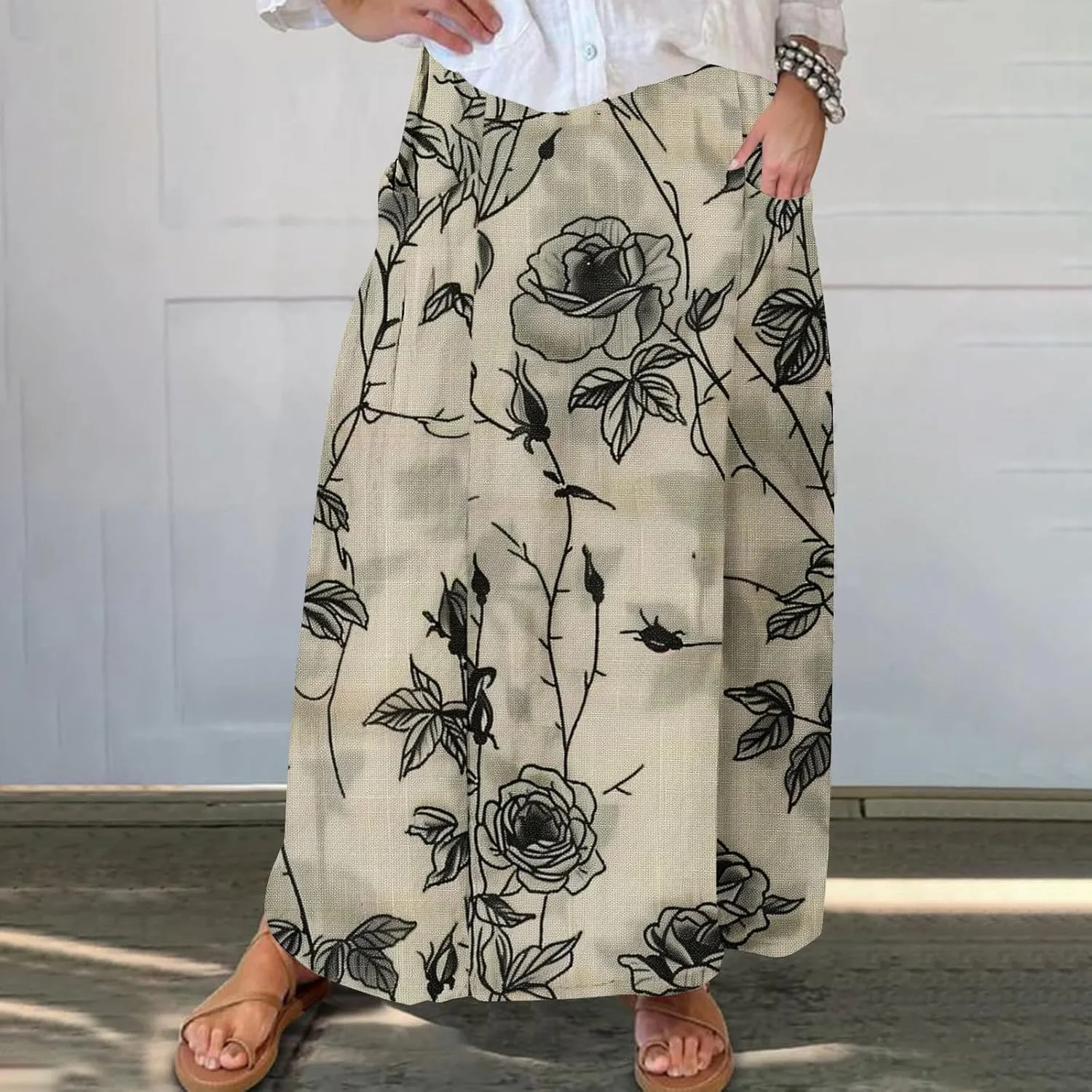 Plus Size Skirts for Women 2025 Summer Trendy Daisy Printed Boho Beach Skirt with Pocket Baggy Flowy Skirt