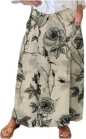 Plus Size Skirts for Women 2025 Summer Trendy Daisy Printed Boho Beach Skirt with Pocket Baggy Flowy Skirt