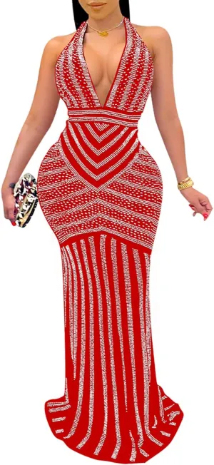 PORRCEY Women's Sexy Elegant Rhinestone Mesh See Through Bodycon Party Club Night Prom Dress