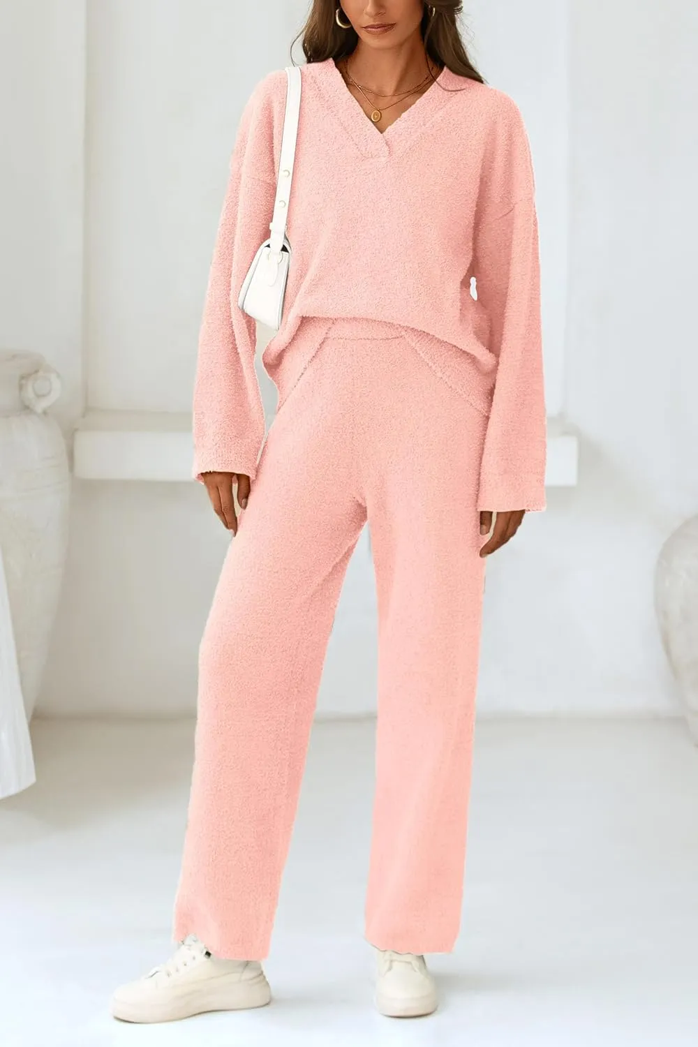 PRETTYGARDEN Women's 2 Piece Pullover Sweater Set Oversized V Neck Top Wide Leg Pants Fall Winter Fuzzy Lounge Outfit