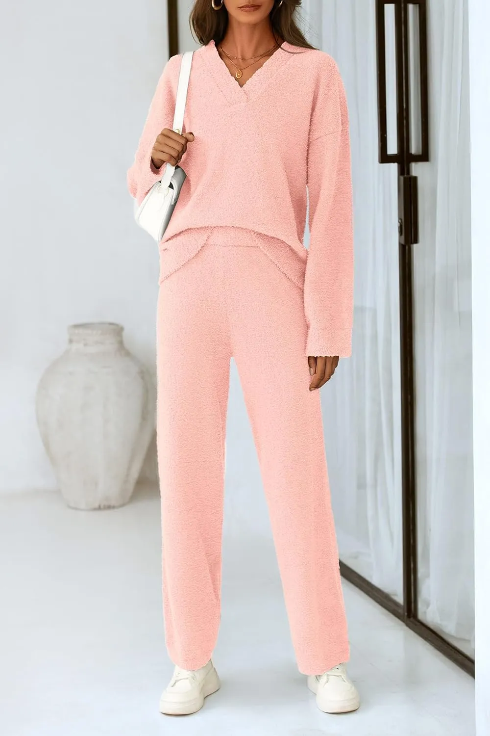 PRETTYGARDEN Women's 2 Piece Pullover Sweater Set Oversized V Neck Top Wide Leg Pants Fall Winter Fuzzy Lounge Outfit