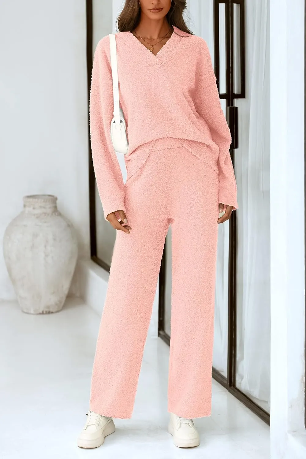 PRETTYGARDEN Women's 2 Piece Pullover Sweater Set Oversized V Neck Top Wide Leg Pants Fall Winter Fuzzy Lounge Outfit