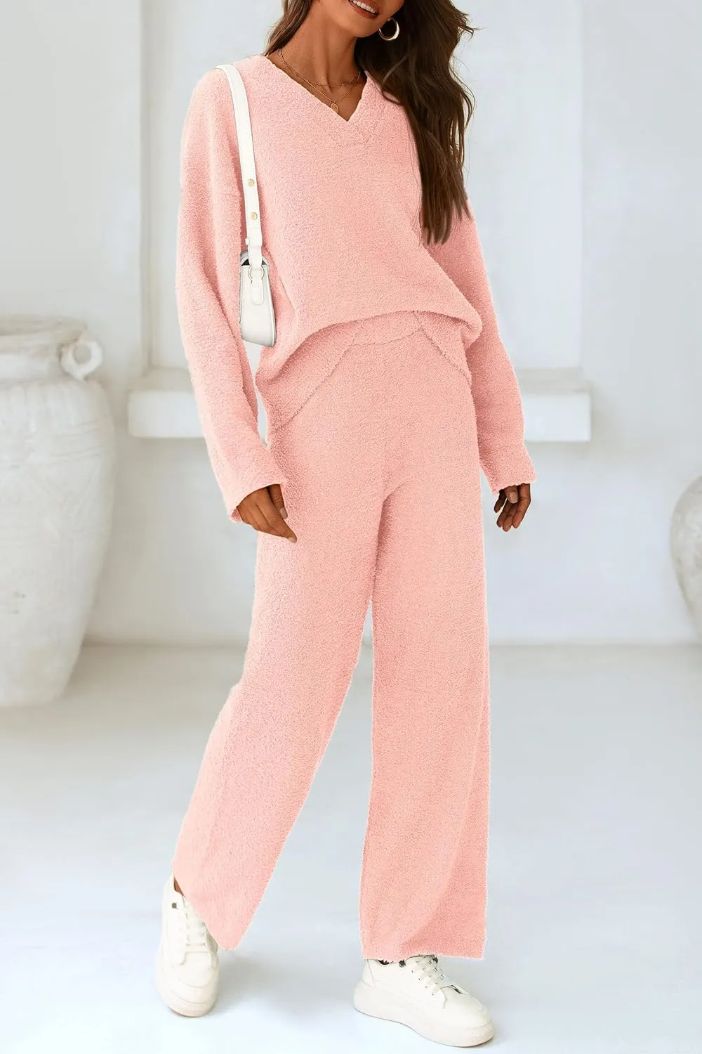PRETTYGARDEN Women's 2 Piece Pullover Sweater Set Oversized V Neck Top Wide Leg Pants Fall Winter Fuzzy Lounge Outfit