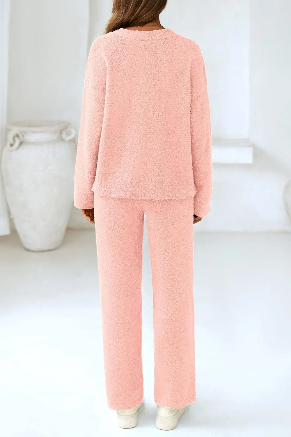PRETTYGARDEN Women's 2 Piece Pullover Sweater Set Oversized V Neck Top Wide Leg Pants Fall Winter Fuzzy Lounge Outfit
