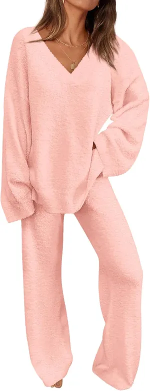 PRETTYGARDEN Women's 2 Piece Pullover Sweater Set Oversized V Neck Top Wide Leg Pants Fall Winter Fuzzy Lounge Outfit