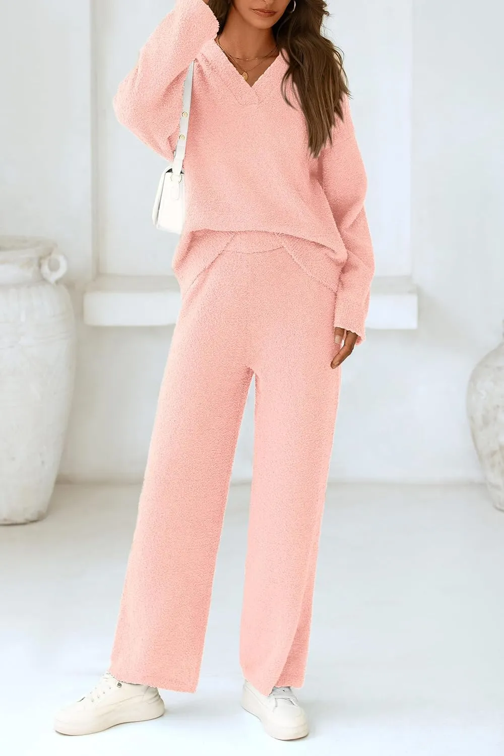 PRETTYGARDEN Women's 2 Piece Pullover Sweater Set Oversized V Neck Top Wide Leg Pants Fall Winter Fuzzy Lounge Outfit