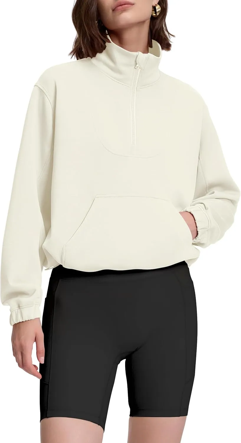 PrettyGuide Womens Scuba Cropped Half Zip Sweatshirt Pullover Stand Collar Ribbed Quarter Zip Hoodies with Pocket