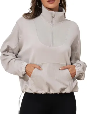 PrettyGuide Womens Scuba Cropped Half Zip Sweatshirt Pullover Stand Collar Ribbed Quarter Zip Hoodies with Pocket