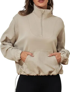 PrettyGuide Womens Scuba Cropped Half Zip Sweatshirt Pullover Stand Collar Ribbed Quarter Zip Hoodies with Pocket