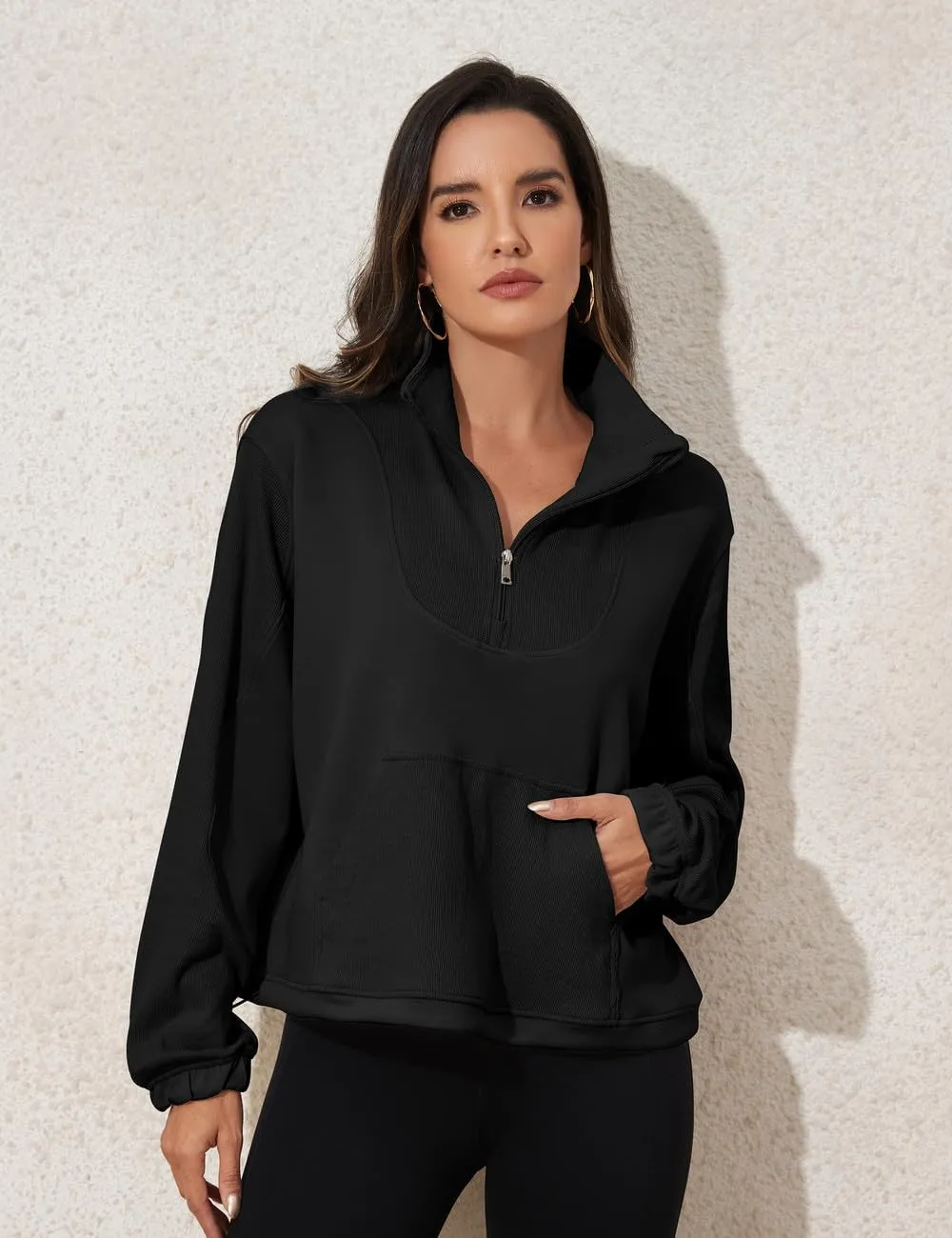 PrettyGuide Womens Scuba Cropped Half Zip Sweatshirt Pullover Stand Collar Ribbed Quarter Zip Hoodies with Pocket