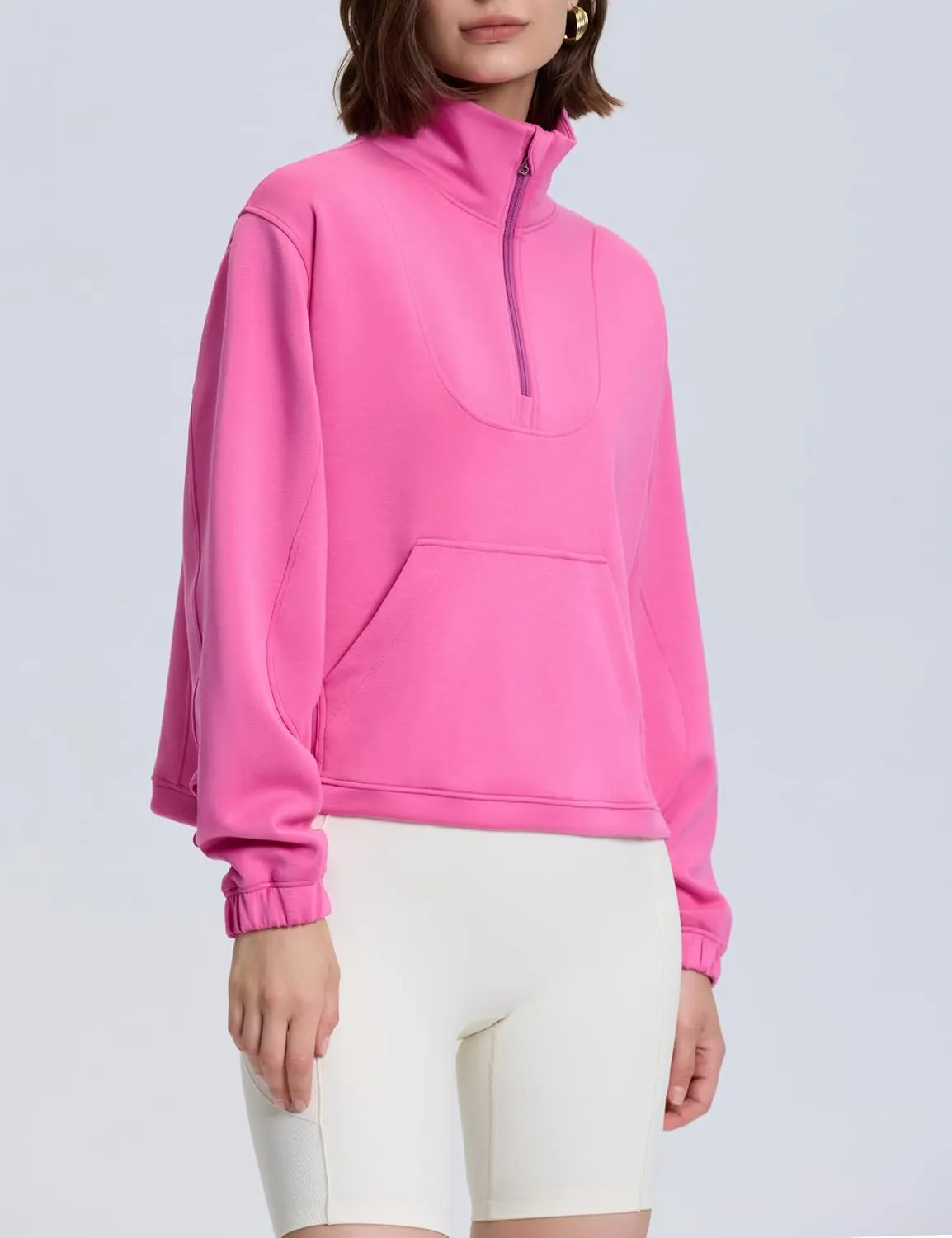 PrettyGuide Womens Scuba Cropped Half Zip Sweatshirt Pullover Stand Collar Ribbed Quarter Zip Hoodies with Pocket