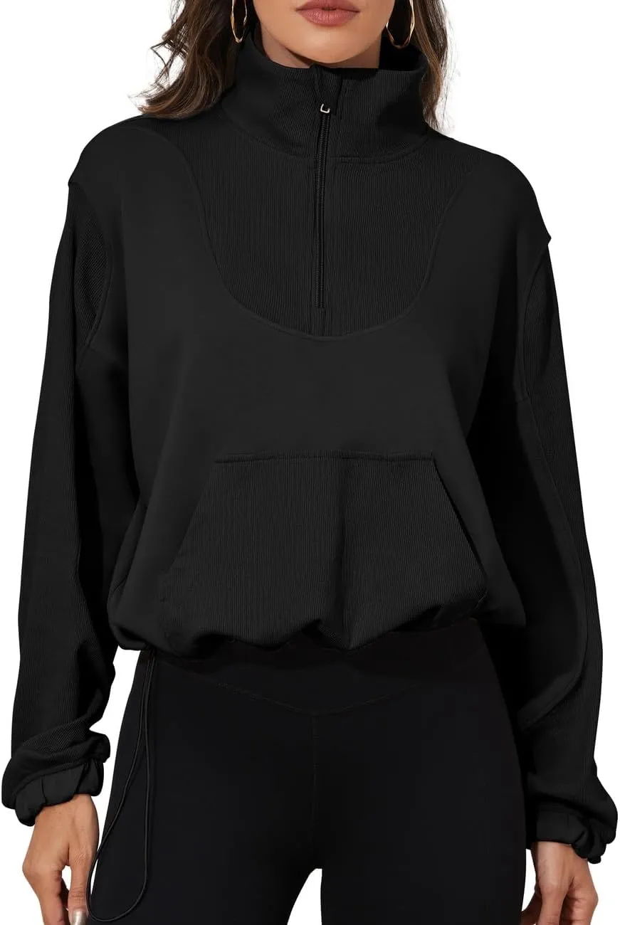 PrettyGuide Womens Scuba Cropped Half Zip Sweatshirt Pullover Stand Collar Ribbed Quarter Zip Hoodies with Pocket