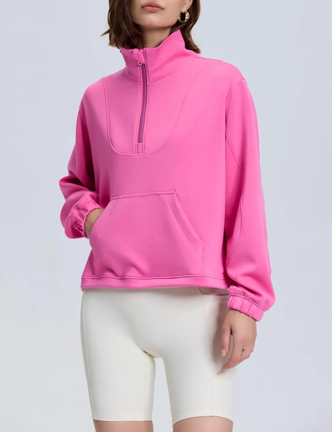 PrettyGuide Womens Scuba Cropped Half Zip Sweatshirt Pullover Stand Collar Ribbed Quarter Zip Hoodies with Pocket
